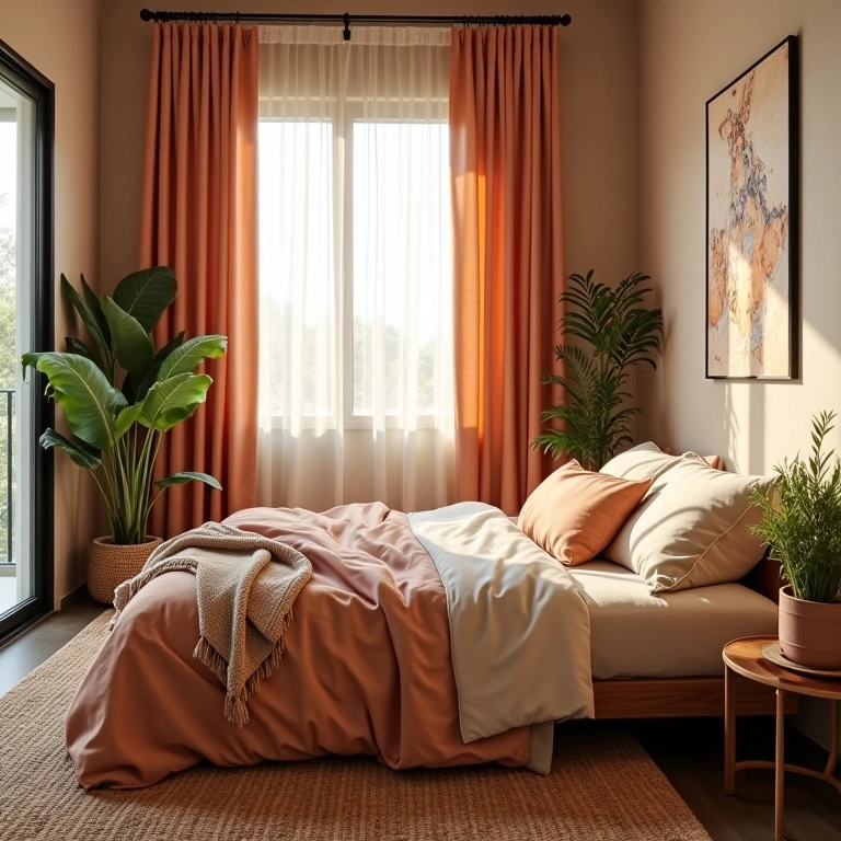 Quarto de casal moderno e romântico com decoração brasileira vibrante e aconchegante.