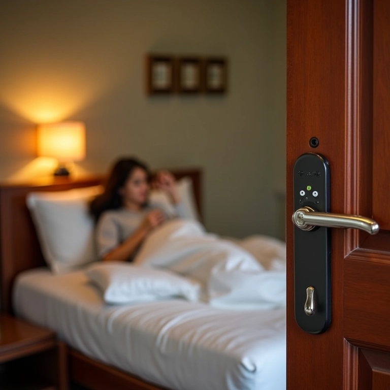 Quarto de guesthouse seguro na Tailândia, mulher relaxando.