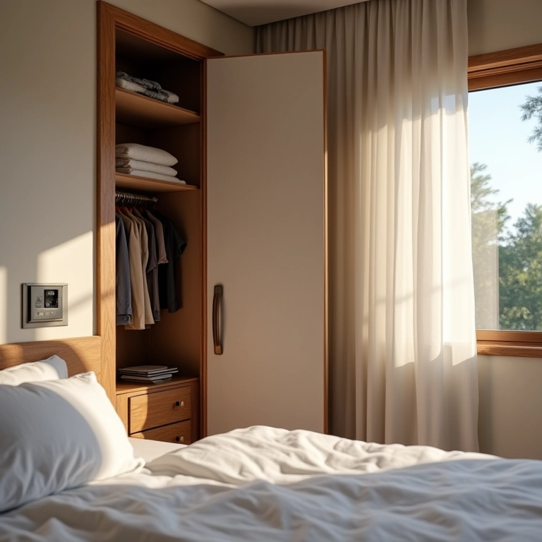 Quarto de hóspedes com armário organizado e tomadas para carregar dispositivos eletrônicos.