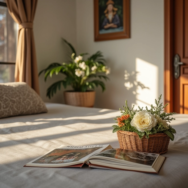Quarto de hóspedes com detalhes acolhedores, como flores, livros e cesta de boas-vindas.