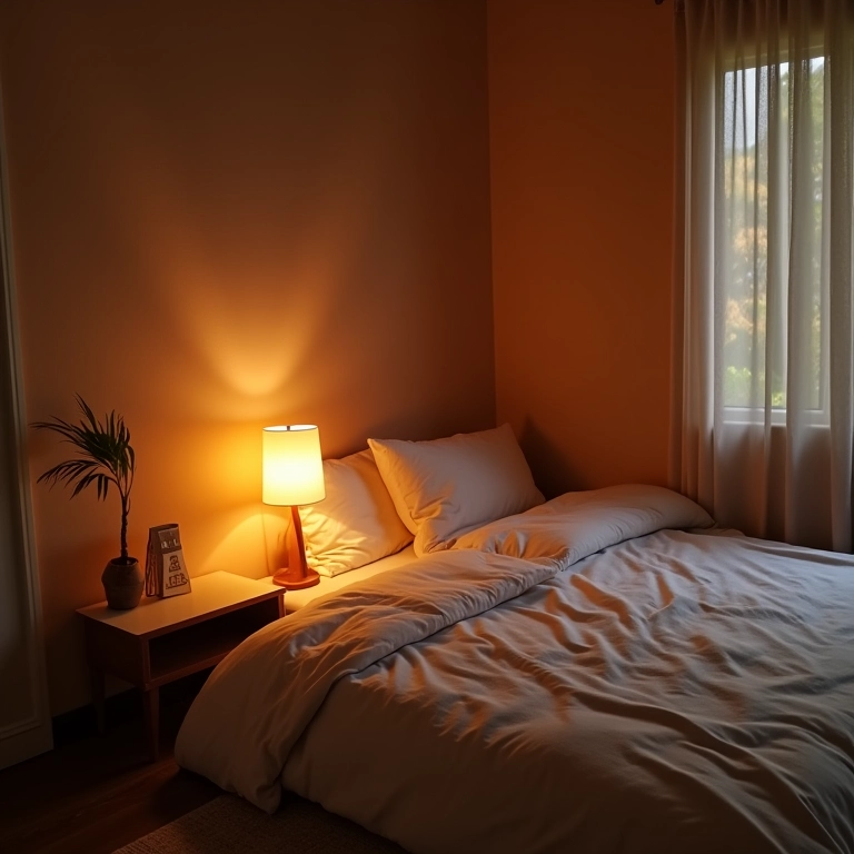 Quarto de hóspedes com iluminação suave e aconchegante, criando um clima relaxante.