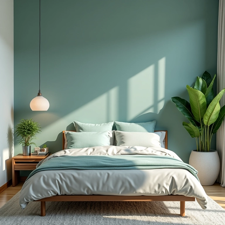 Quarto de hóspedes decorado com cores relaxantes, como azul, verde e tons neutros.