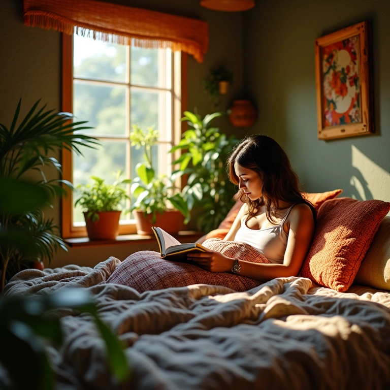 Quarto de hostel aconchegante com decoração brasileira e uma mulher lendo.