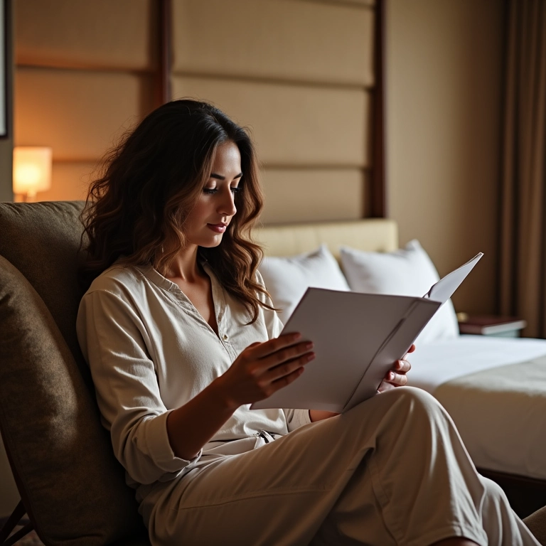 Quarto de hotel aconchegante e seguro no Egito, mulher relaxando e planejando viagem, representando escolha de hospedagem segura.