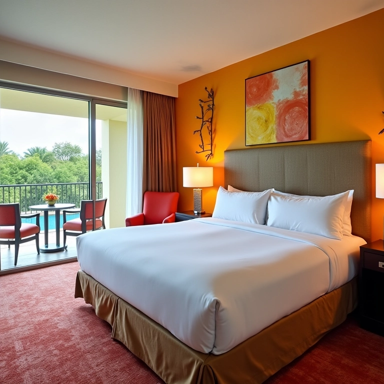 Quarto de hotel moderno e confortável em Orlando, com vista para a piscina.