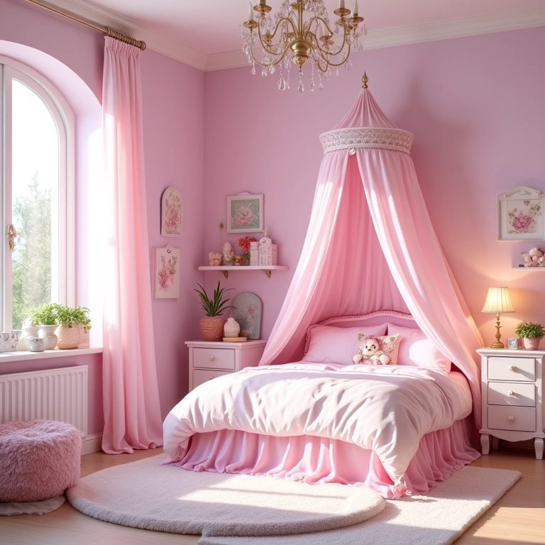 Quarto de princesa com cores pastéis e decoração elegante.