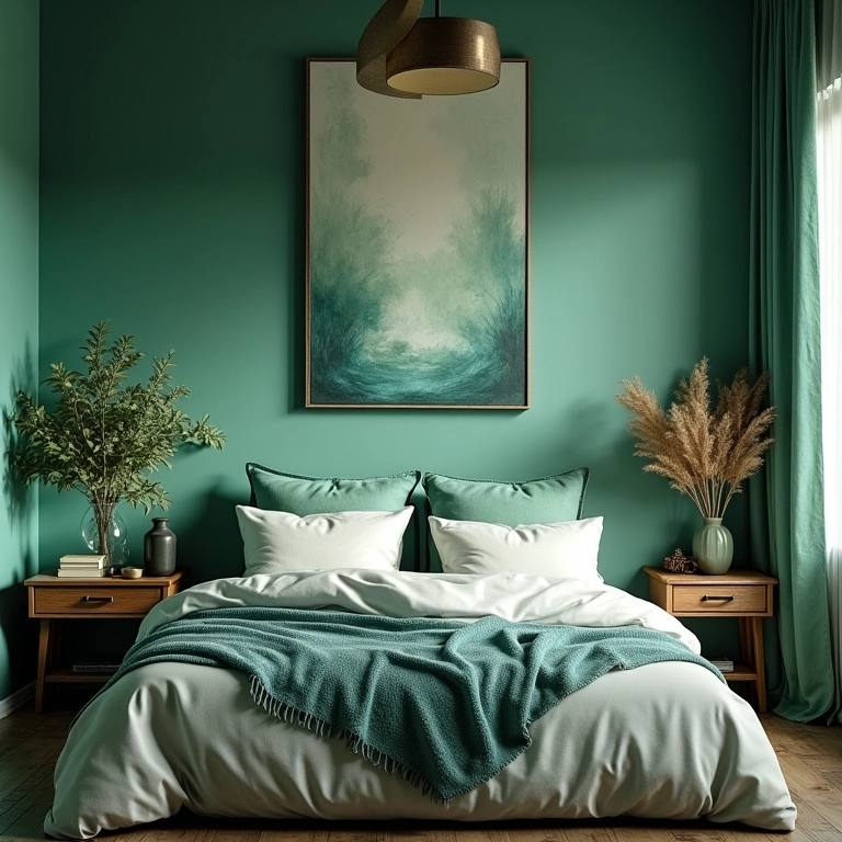 Quarto decorado com cores análogas em tons de azul e verde.