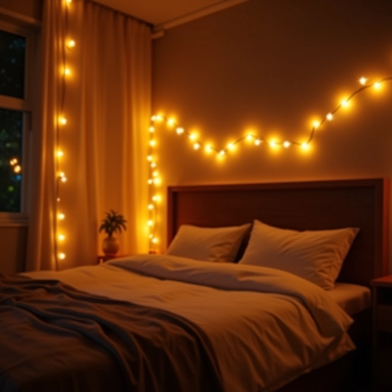 Quarto decorado com iluminação criativa de pisca-pisca.