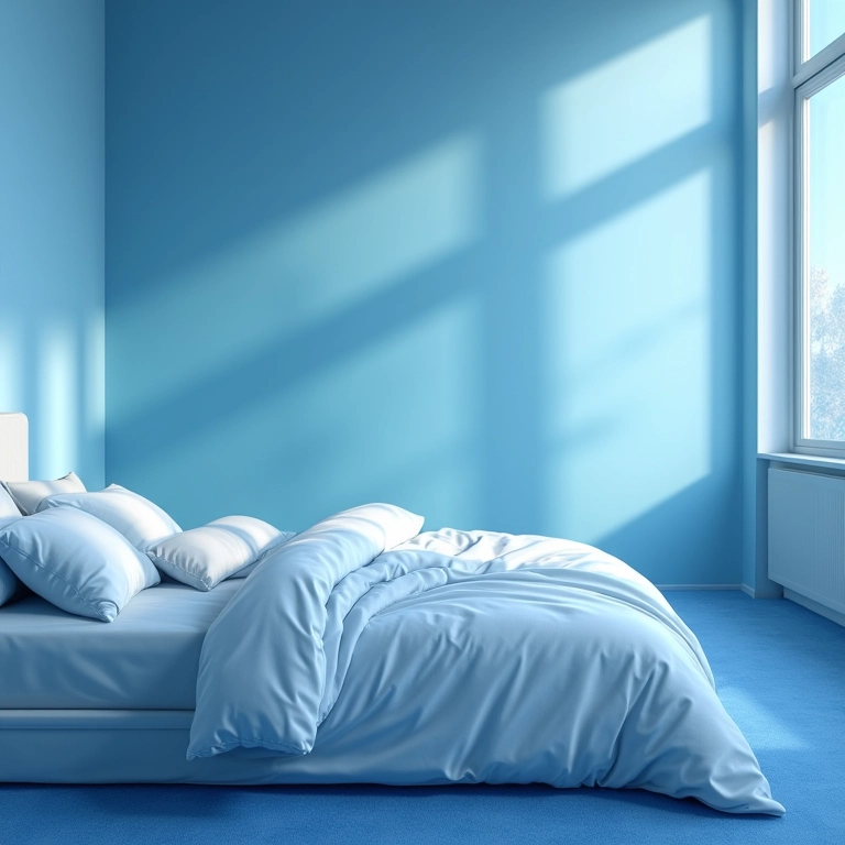 Quarto decorado em tons de azul para promover tranquilidade.