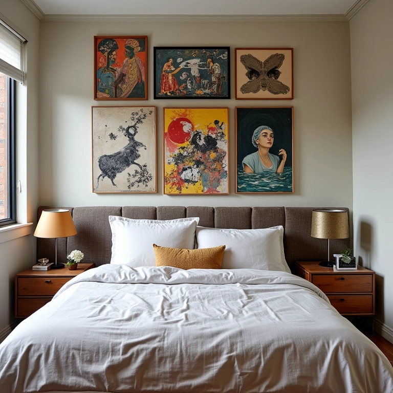 Quarto eclético com cabeceira de quadros.