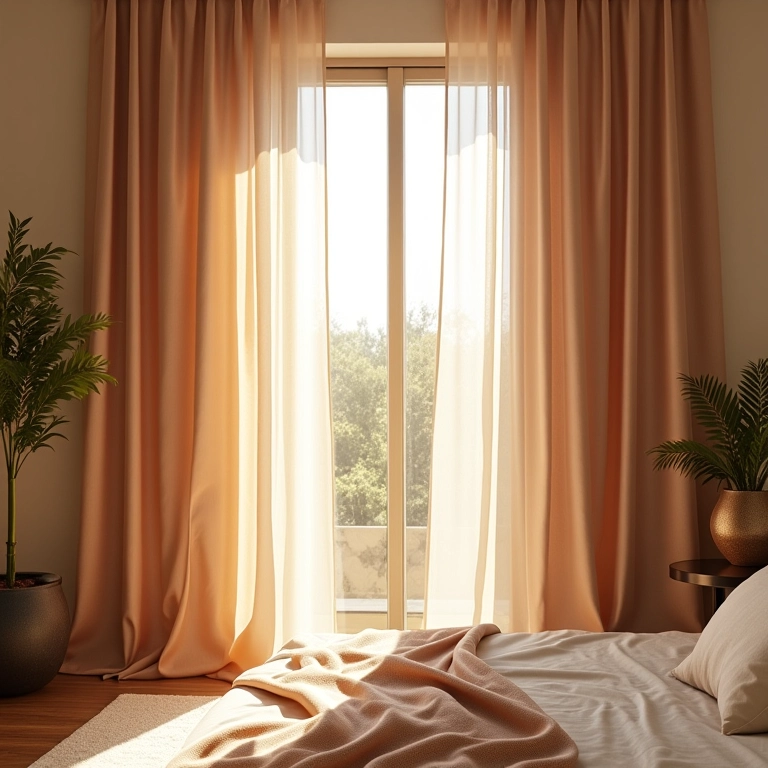 Quarto elegante com cortinas de tecido e luz suave.