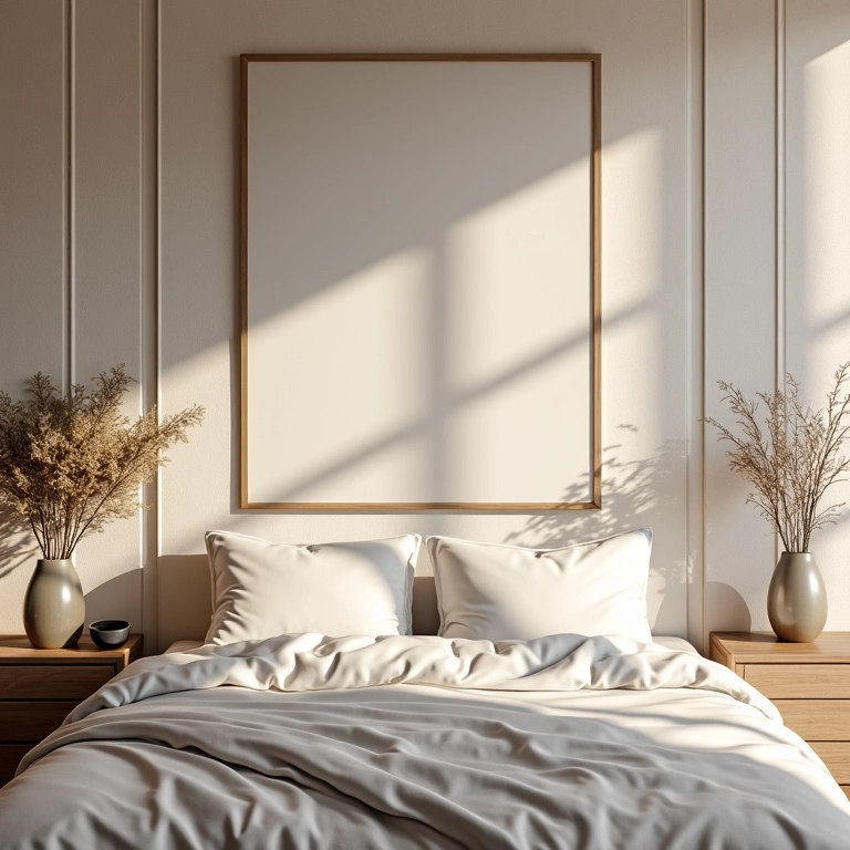 Quarto elegante com papel de parede TNT de textura suave.