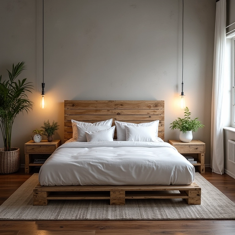 Quarto em estilo industrial com cabeceira feita de pallets de madeira.
