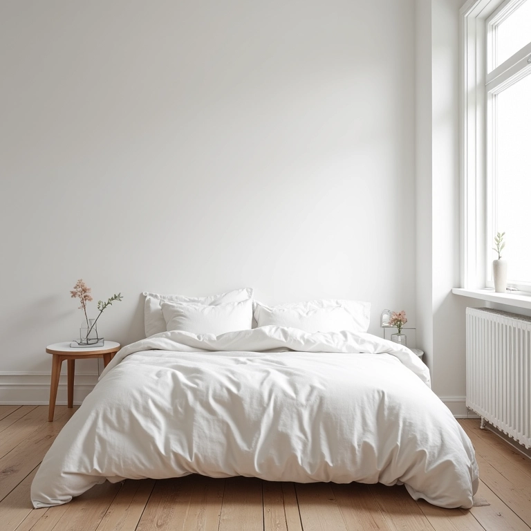 Quarto escandinavo claro com paredes brancas, luz natural e piso de madeira.