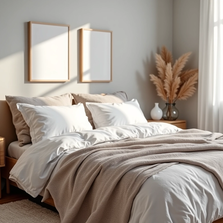 Quarto escandinavo com mantas aconchegantes, iluminação suave e cores neutras.