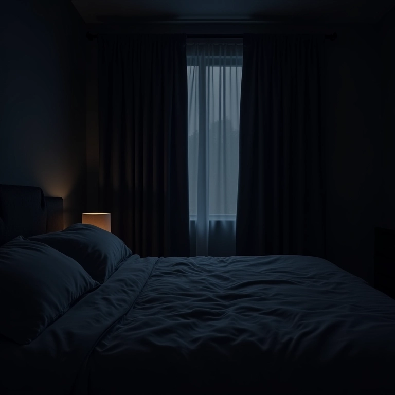 Quarto escuro com cortinas blackout para um sono perfeito.