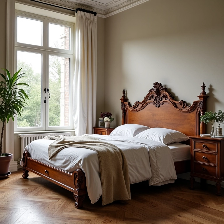 Quarto espaçoso com cama tradicional de madeira e cabeceira ornamentada.