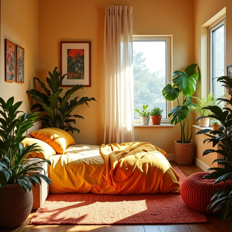 Quarto feminino decorado com estilo brasileiro, plantas e luz natural.