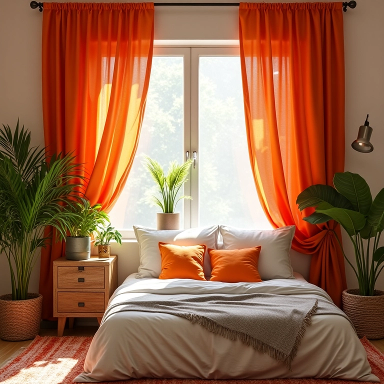 Quarto iluminado com cortinas estilosas e decoração aconchegante.