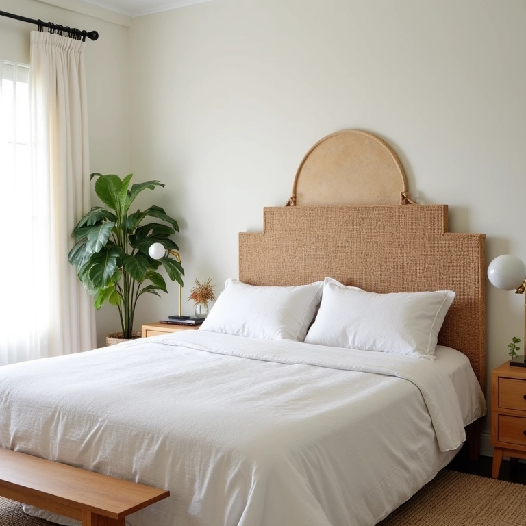Quarto iluminado com diversas cabeceiras alternativas e criativas.