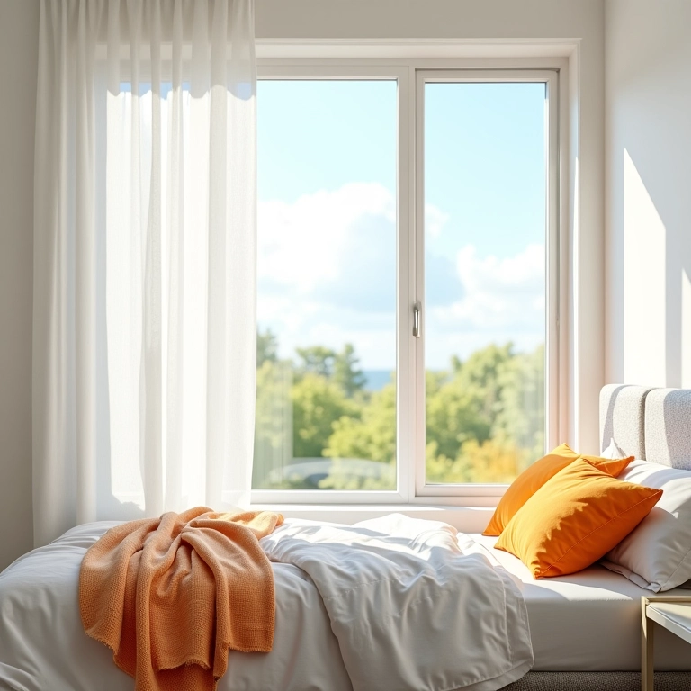 Quarto iluminado com grande janela e paredes brancas, destacando a iluminação natural.