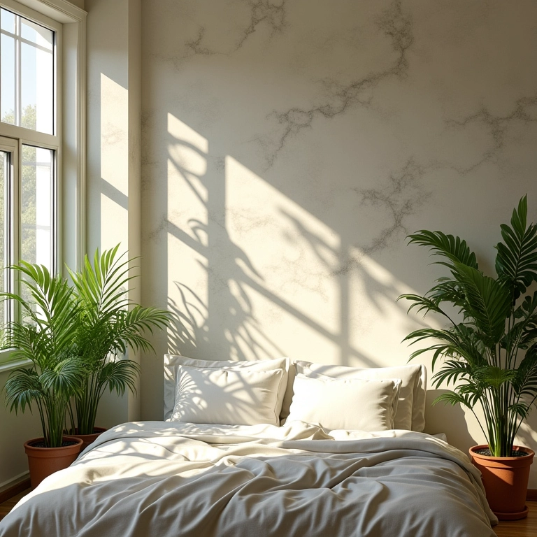 Quarto iluminado com papel de parede moderno e aconchegante.