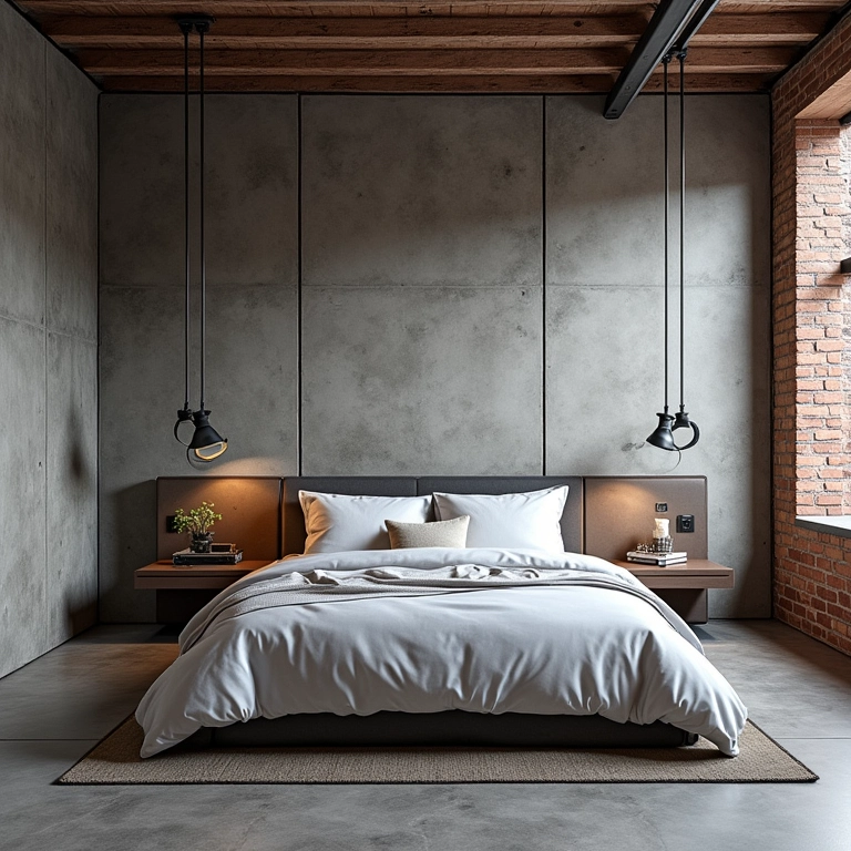 Quarto industrial com tijolos aparentes, metal e decoração minimalista.