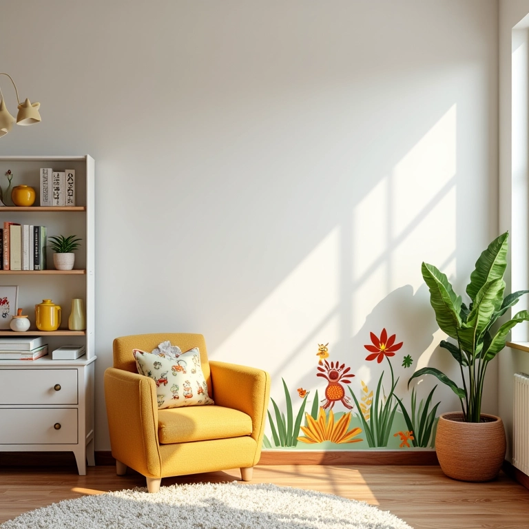Quarto infantil aconchegante com adesivos de parede coloridos, design brasileiro e luz natural.