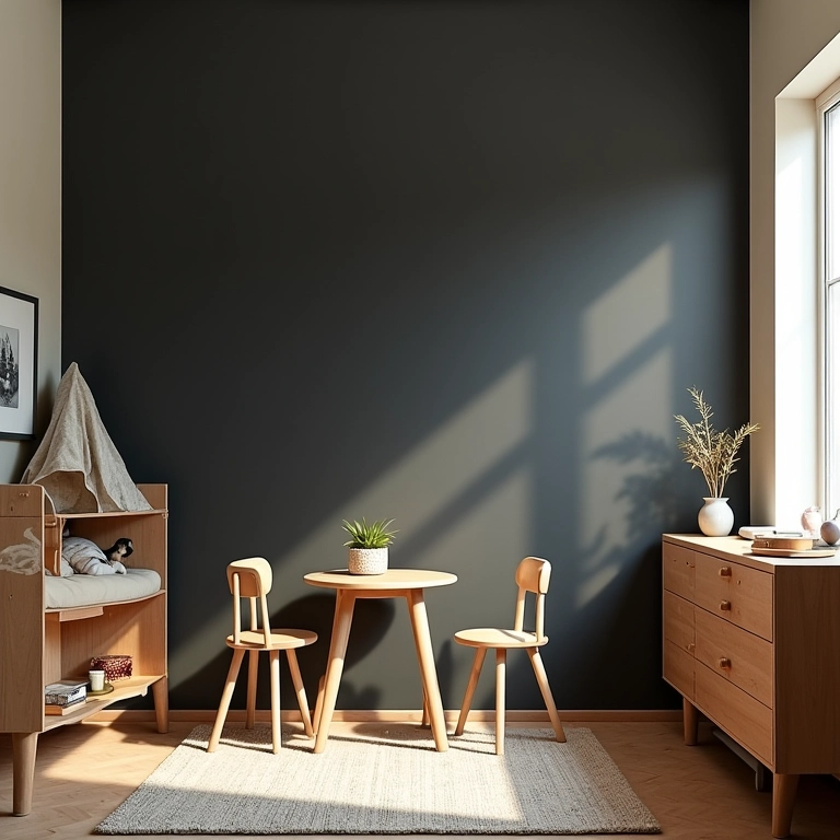 Quarto infantil com adesivo de lousa, design brasileiro e iluminação natural.