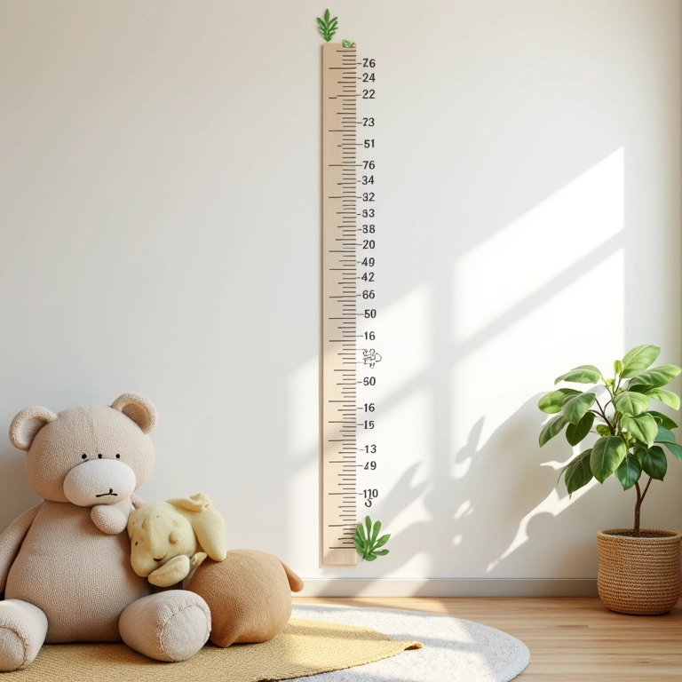 Quarto infantil com adesivo de régua de crescimento, design brasileiro e luz natural.