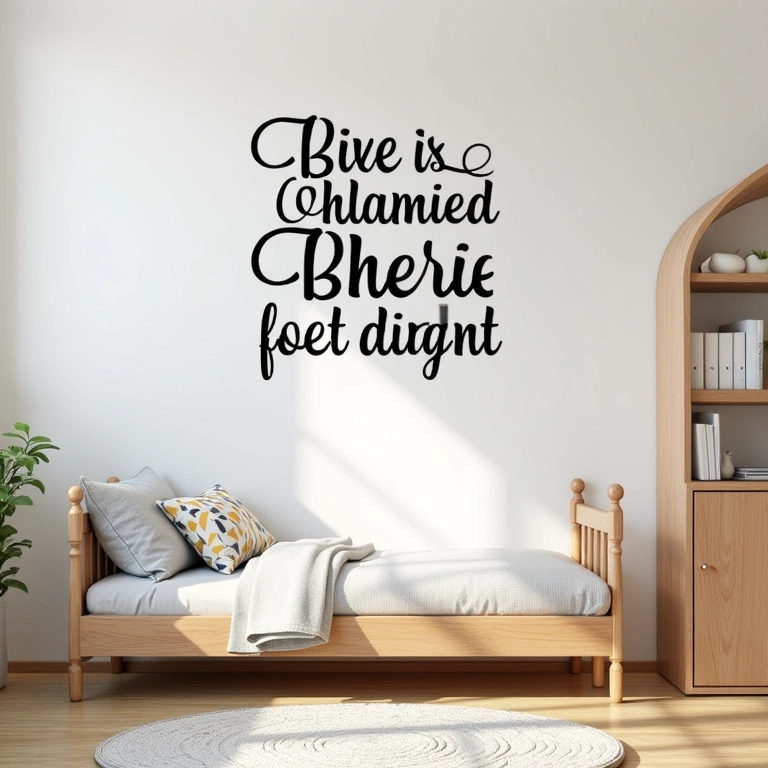 Quarto infantil com adesivos de frases motivacionais, design brasileiro e luz natural.