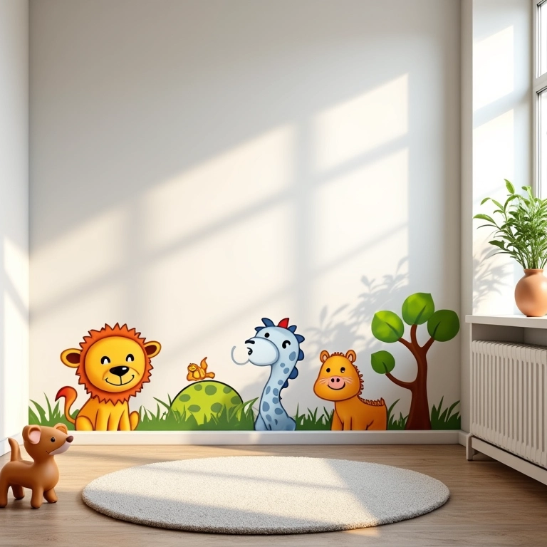 Quarto infantil com adesivos de personagens favoritos, design brasileiro e luz natural.