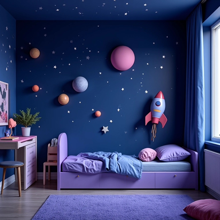 Quarto infantil com tema de espaço sideral e cores escuras.