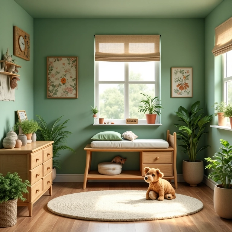 Quarto infantil com tema de natureza e tons de verde.