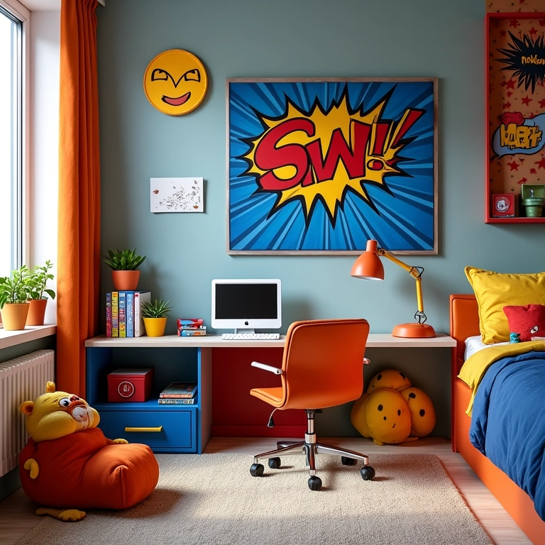 Quarto infantil com tema de super-heróis e cores vibrantes.