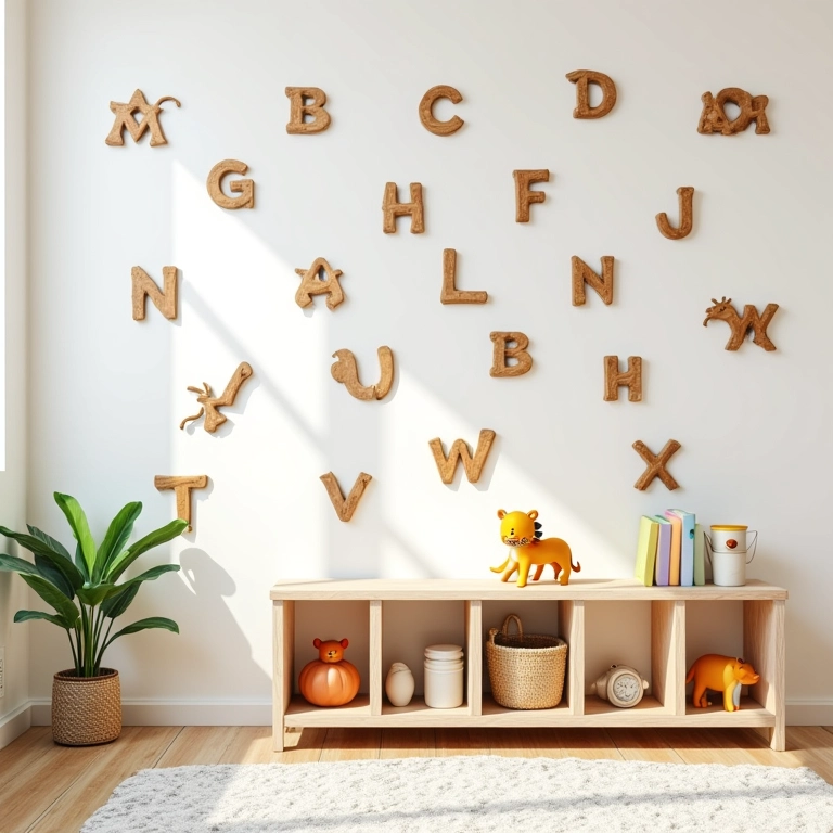 Quarto infantil educativo com adesivos de alfabeto, design brasileiro e luz natural.