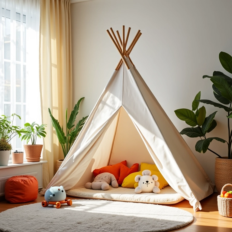 Quarto infantil lúdico com cabana e almofadas coloridas.