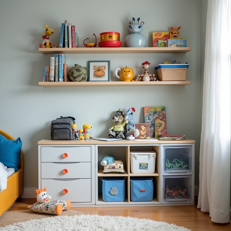 Quarto infantil masculino organizado com soluções de armazenamento.