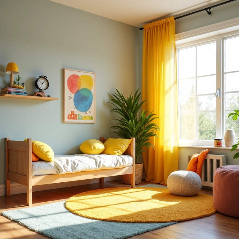 Quarto infantil vibrante com decoração brasileira e luz natural.