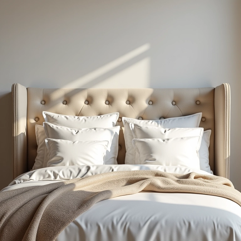 Quarto luxuoso com cabeceira estofada DIY, iluminação natural e manta texturizada.