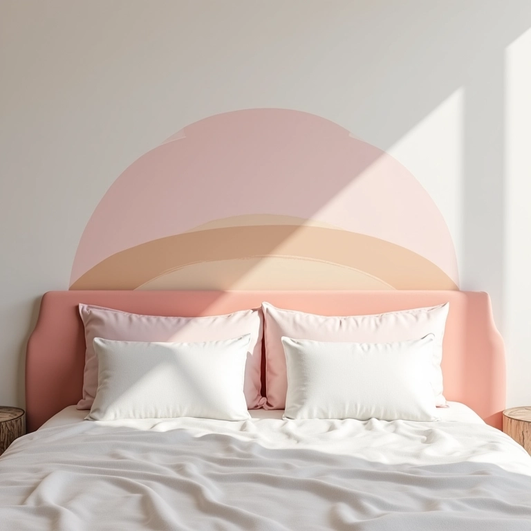 Quarto minimalista com cabeceira pintada.