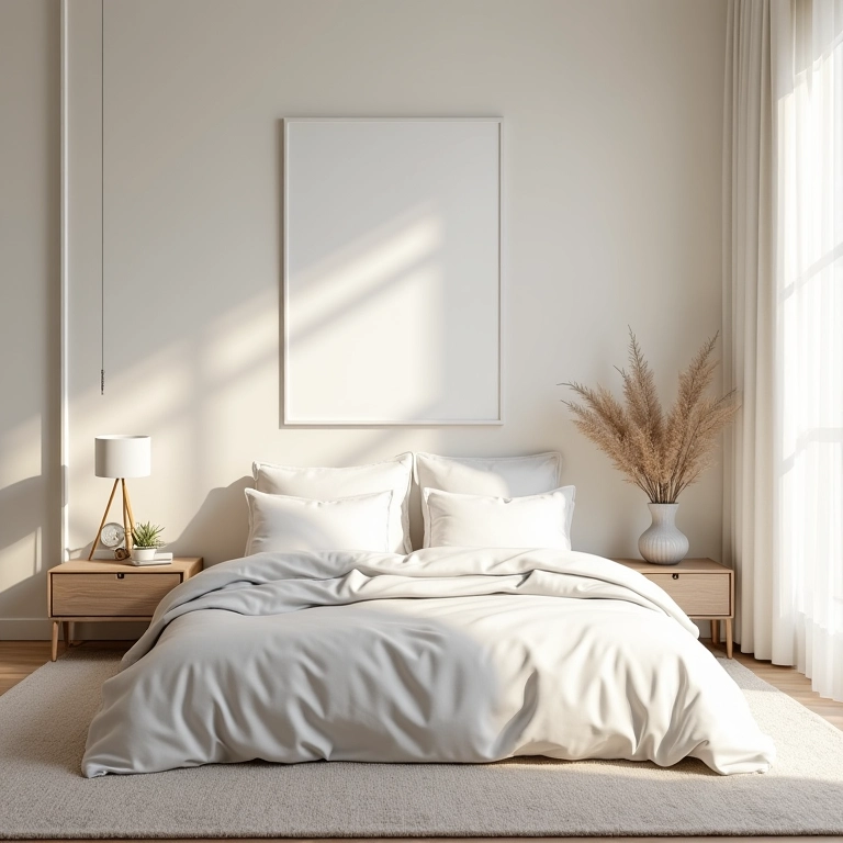 Quarto minimalista com decoração serena, promovendo calma e relaxamento.