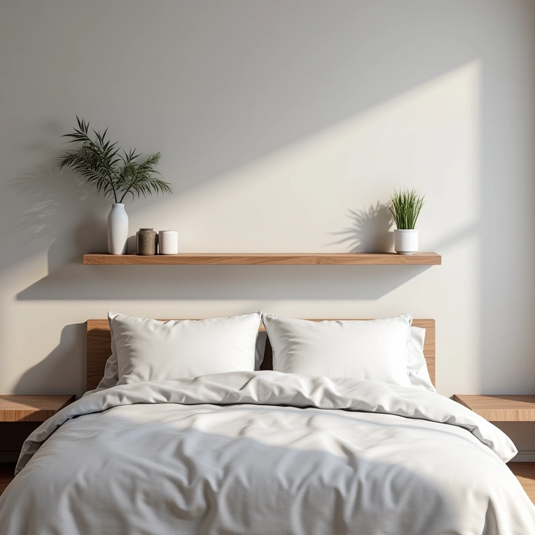 Quarto moderno com cabeceira suspensa.