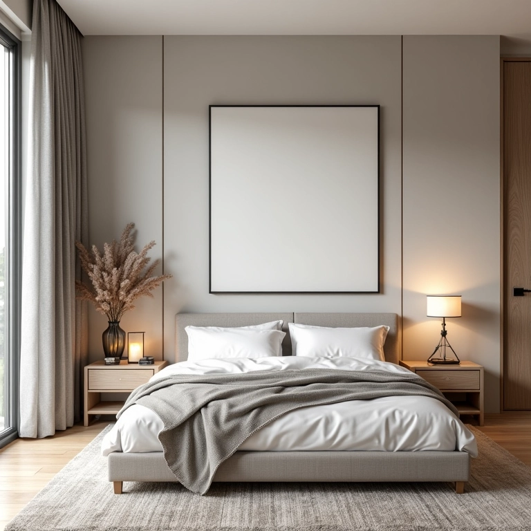 Quarto moderno com decoração minimalista e estilo pessoal definido.