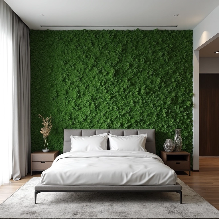 Quarto moderno com parede verde artificial e design clean.