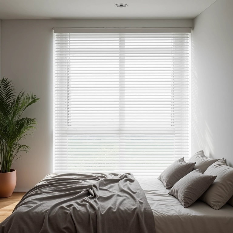 Quarto moderno com persianas e controle de luz.