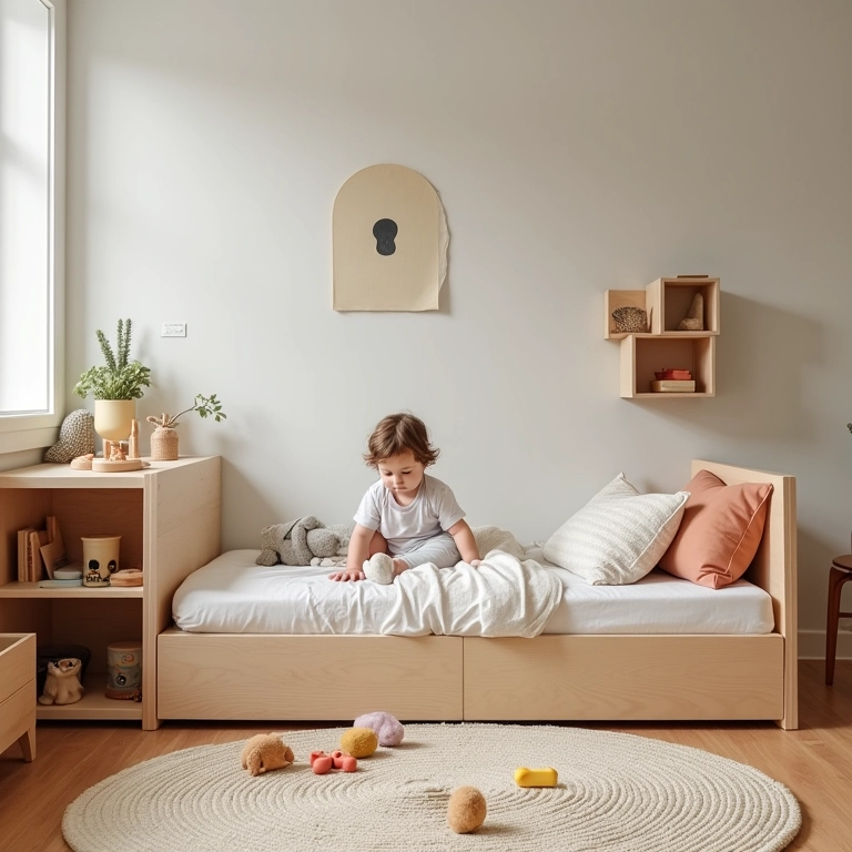 Quarto montessoriano com cama baixa e brinquedos educativos.