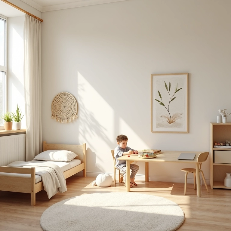 Quarto montessoriano com cores claras e tons neutros.