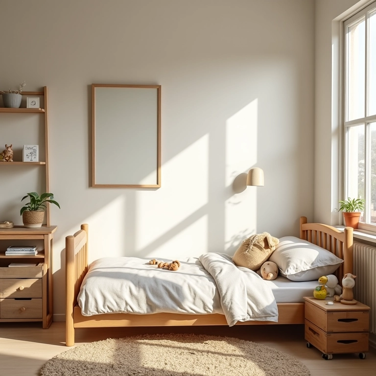 Quarto montessoriano simples com cama baixa e decoração minimalista.