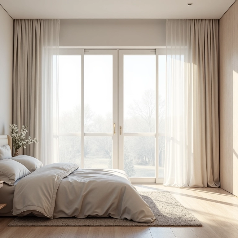 Quarto neutro amplo e iluminado com grandes janelas e cortinas leves.